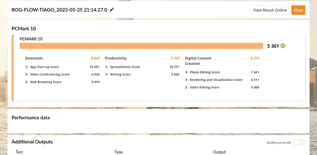 Resultado do desempenho do rog flow z13 no pc mark 10