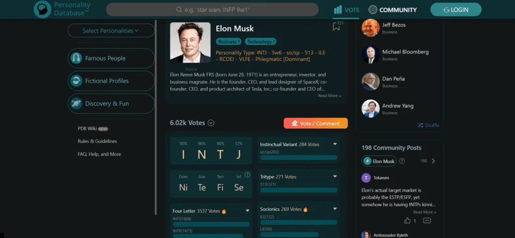 Página do personality database com resultado de teste mbti de elon musk