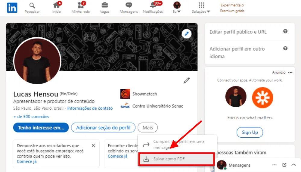 Como baixar o currículo do linkedin em pdf? - captura da tela inicial do perfil no linkedin indicando a aba 'salvar como pdf' para ilustrar o tutorial