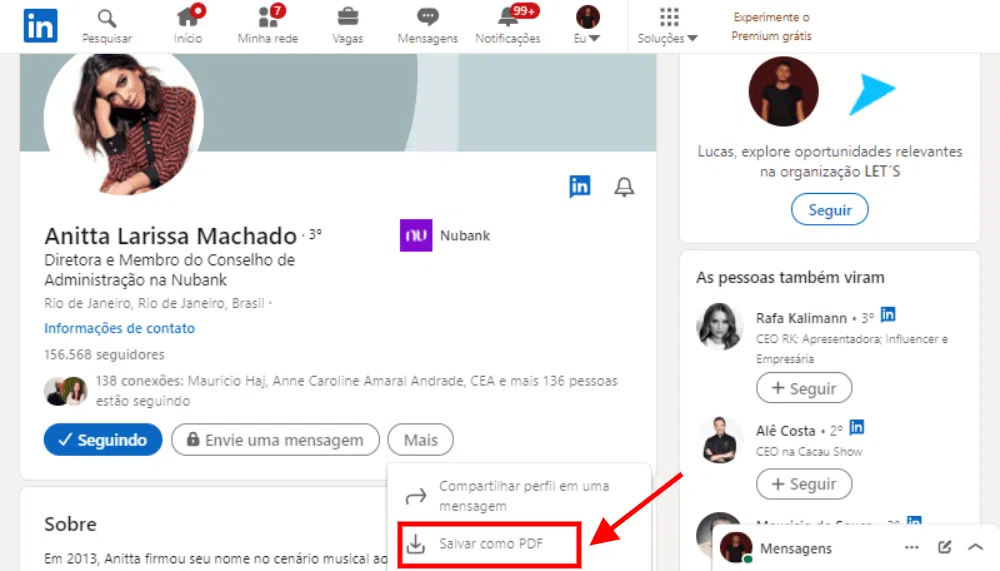 Como baixar o currículo do linkedin em pdf? - captura da tela inicial do perfil da anitta no linkedin para ilustrar como baixar o currículo de outras pessoas em pdf