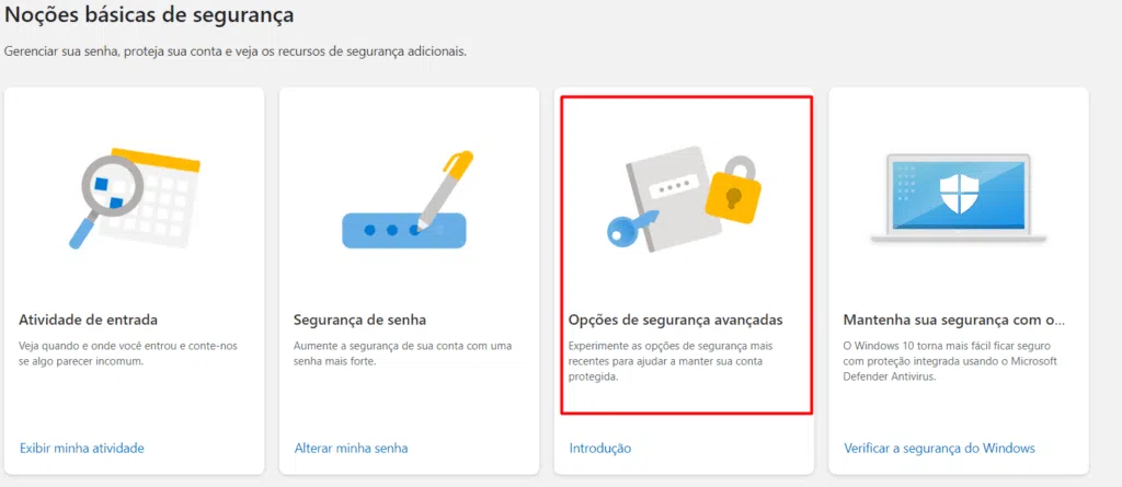 Opções de segurança da conta microsot