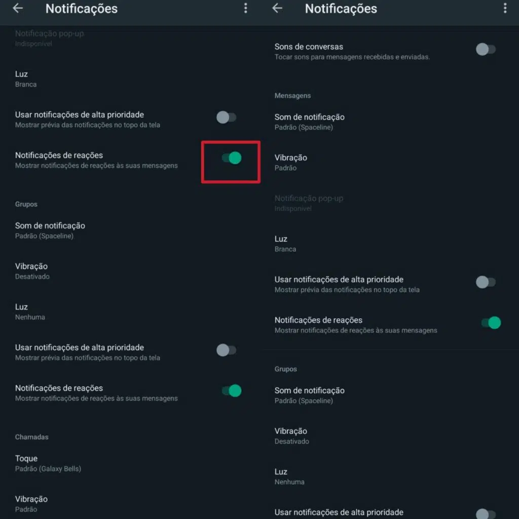 Telas para desativar reações no whatsapp