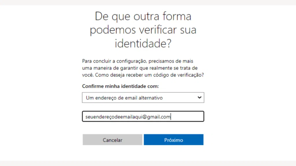 Captura de tela para ativação de verificação de duas etapas em uma conta do hotmail