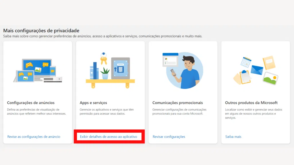 Tela para acessar aplicativos de terceiros em uma conta do hotmail