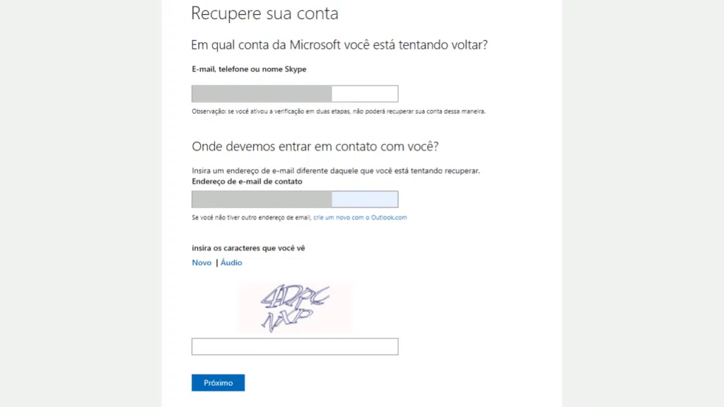 Captura de tela de recuperação de conta do hotmail