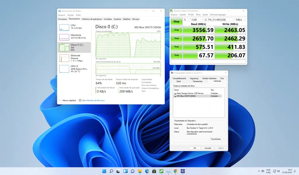 Benchmark sintético do ssd wd blue sn570 nvme supera expectativas.