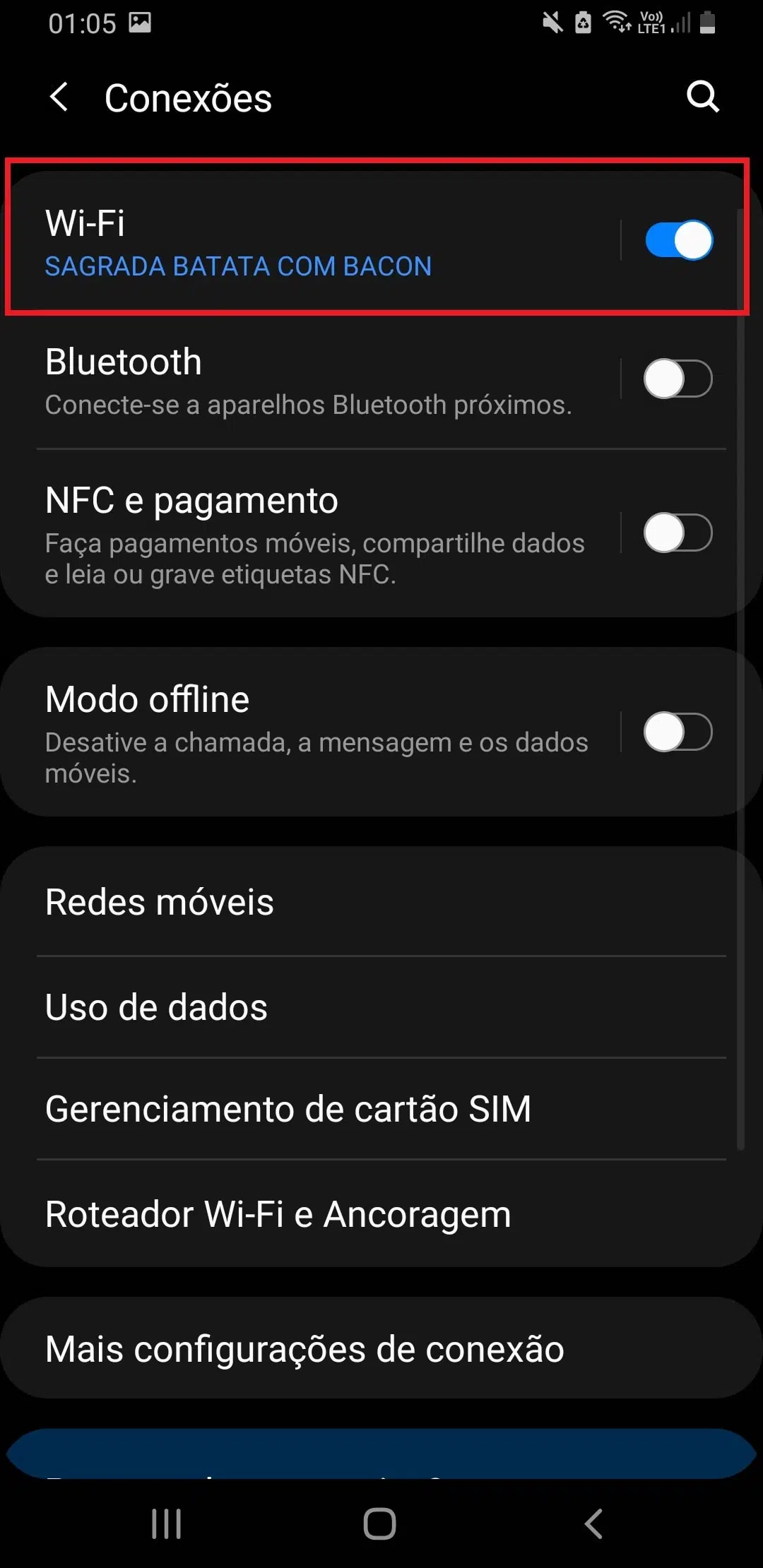 Imagem da tela de configurações do android.