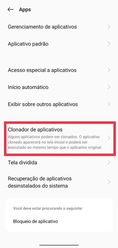 Menu para ativar o clonador de aplicativos, recurso para ter duas contas do instagram no mesmo smartphone, por exemplo