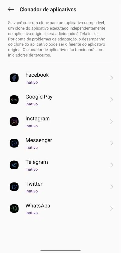 Menu para ativar o clonador de aplicativos, recurso para ter duas contas do instagram no mesmo smartphone, por exemplo