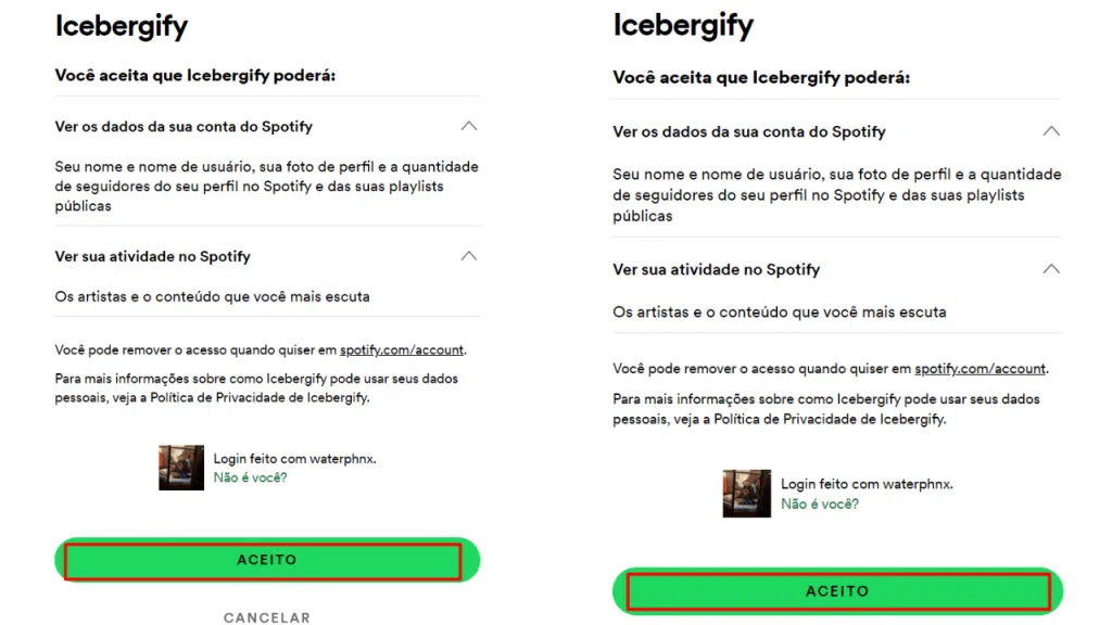 Telas de permissão para conseguir iceberg do spotify