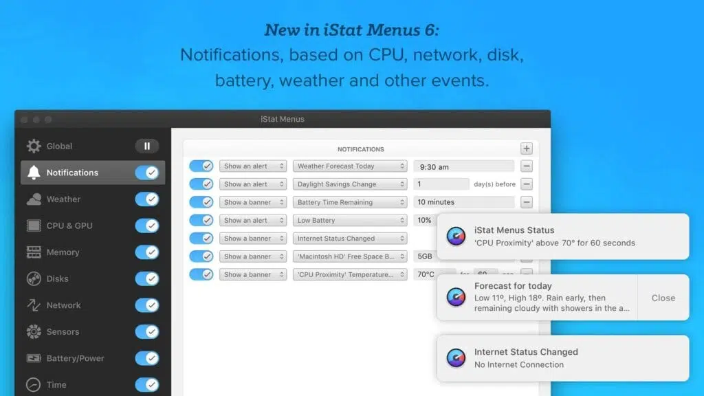 A imagem mostra um aplicativo para macbook istat menus