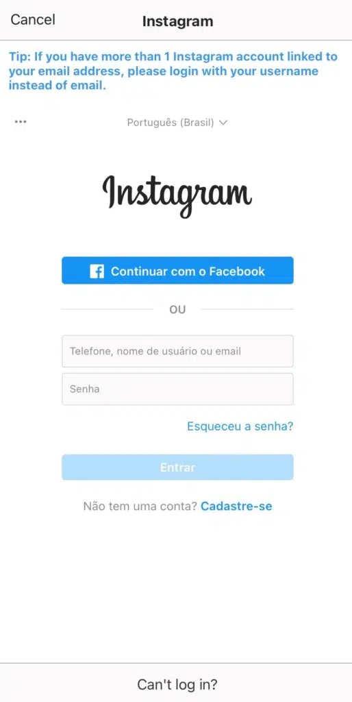 Tela de login aplicativo terceiro no instagram