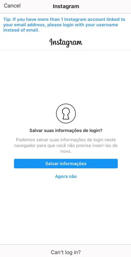 Tela de login aplicativo terceiro no instagram