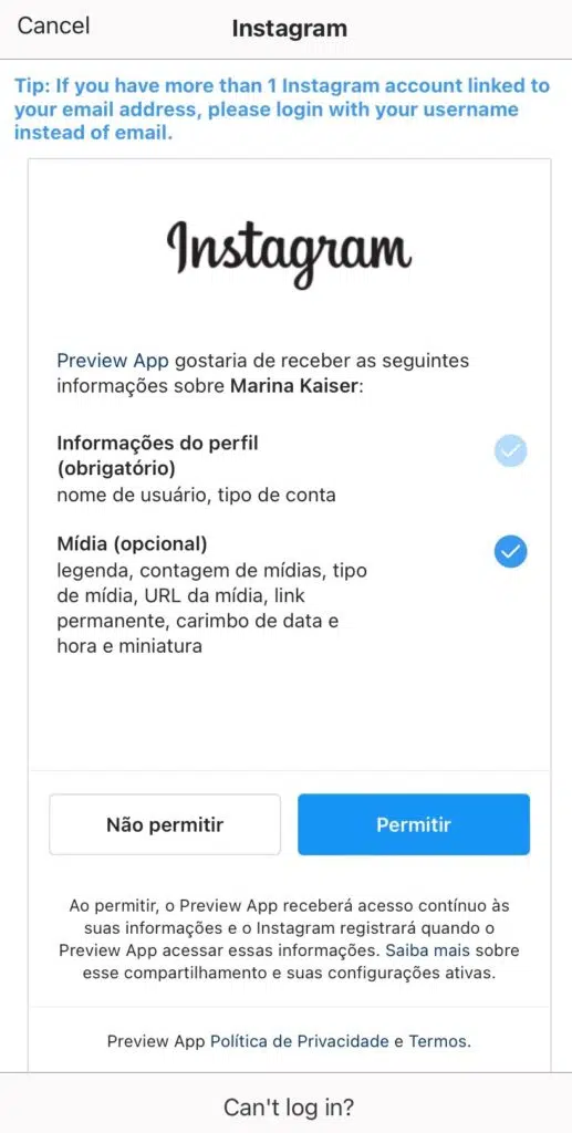 Tela de login aplicativo terceiro no instagram