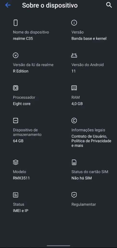 Detalhes da configuração do realme c35