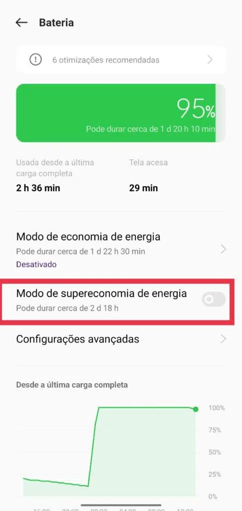 O modo de supereconomia de bateria pode ser ativado nas configurações de bateria e garante muitas horas a mais para o usuário