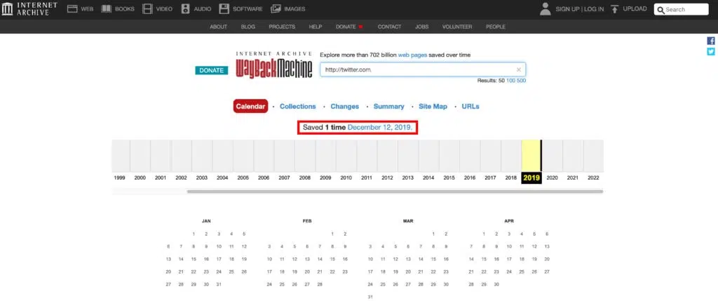 A imagem mostra o internet archive uma das formas de recuperar posts do twitter