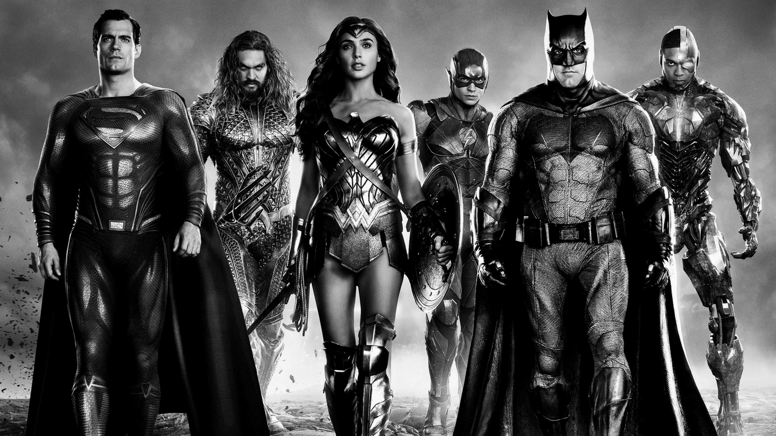 Imagem de divulgação do filme liga da justiça: snyder cut com os principais heróis da dc em destaque.