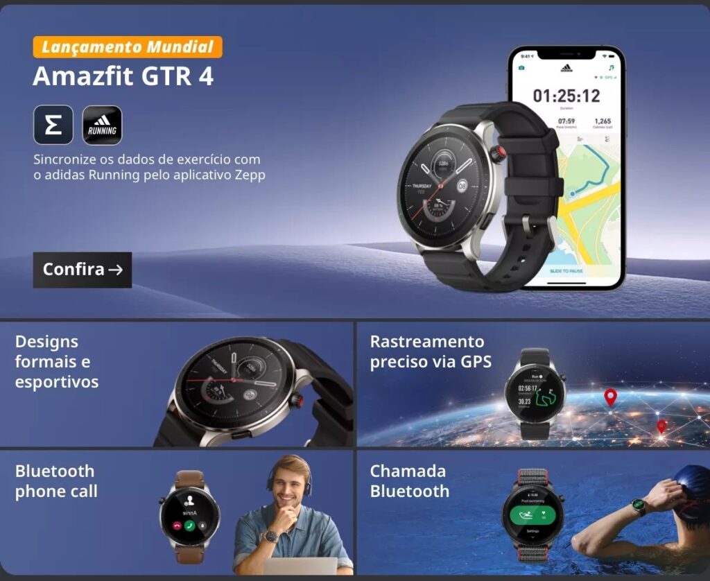 Diversas são as utilidades deste novo smartwatch -- ou "relógio inteligente". Reprodução: amazfit