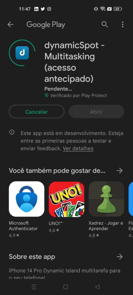 Tutorial sobre como baixar a ilha dinâmica, do iphone 14, no seu aparelho android - 1º passo. Reprodução: victor pacheco, showmetech