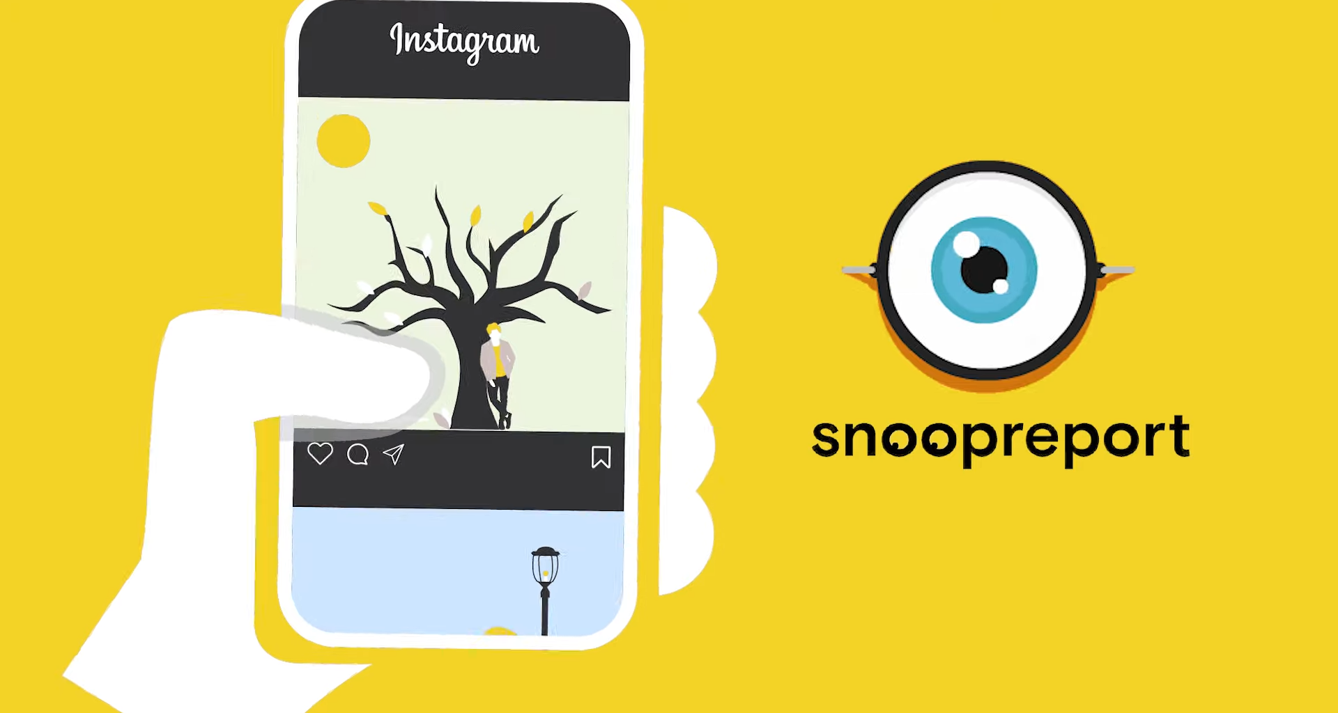 Desenho de uma mão segurando um celular e rolando o feed do instagram; ao lado, o logo da marca snoopreport