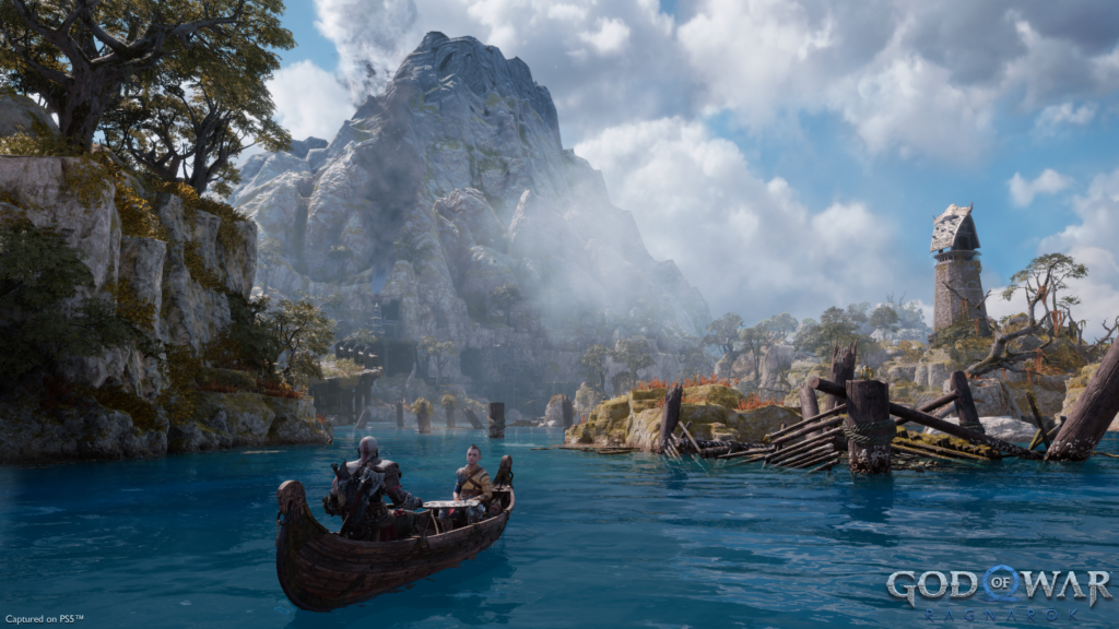 Kratos e atreus explorando de barco no reino dos anões em god of war ragnarok