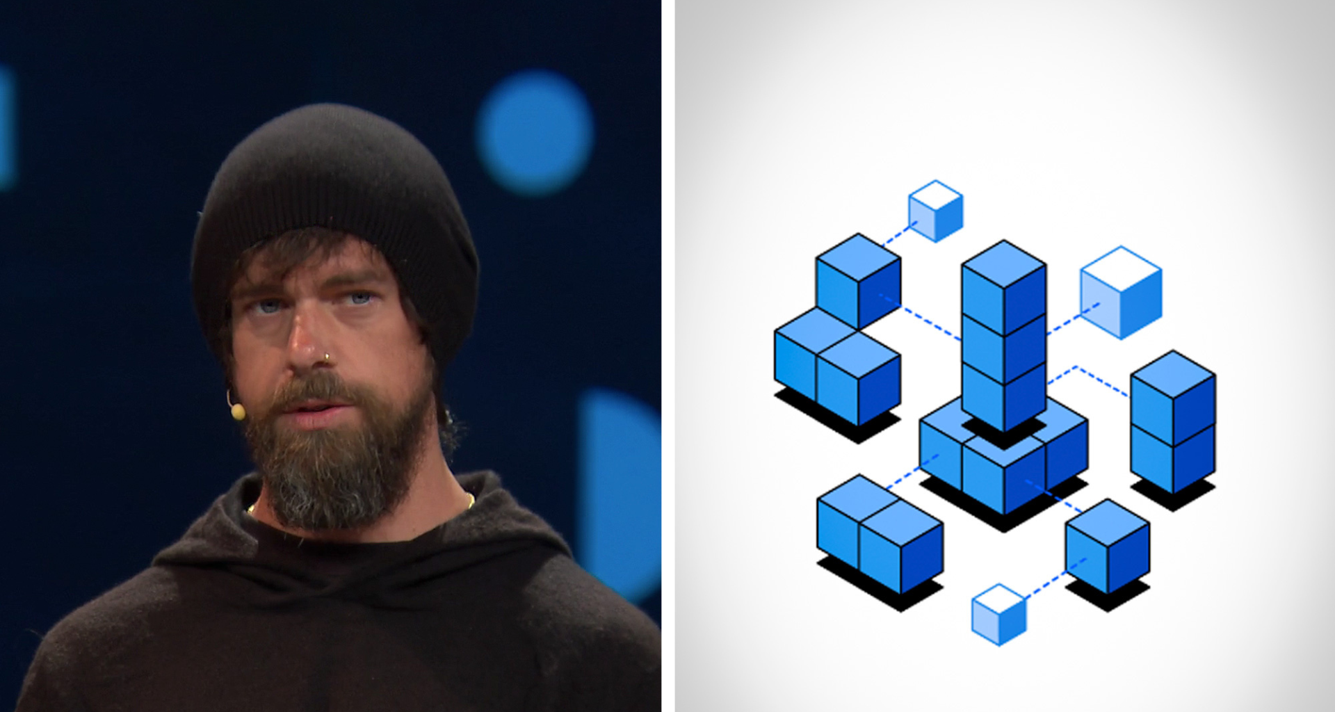 Jack dorsey ao lado da logomarca da bluesky