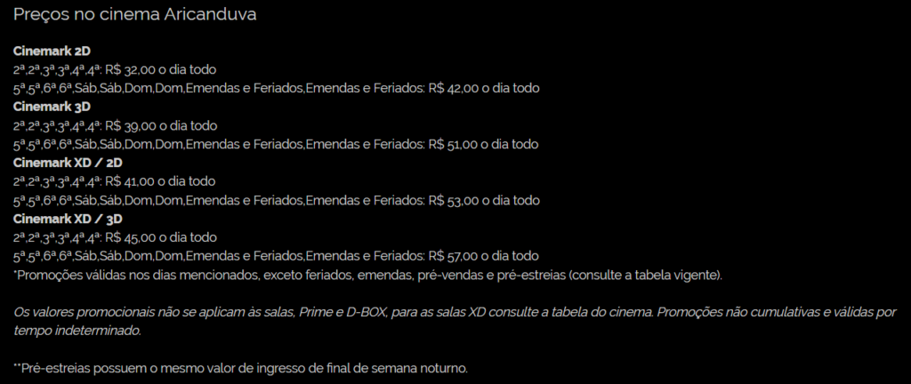 Valores dos ingressos no cinemark aricanduva