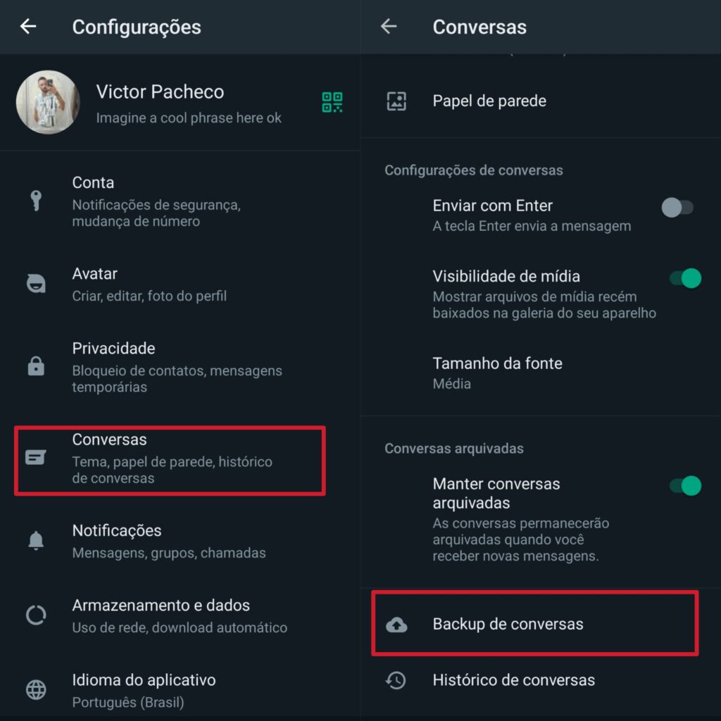 Ativação de backup criptografado no whatsapp