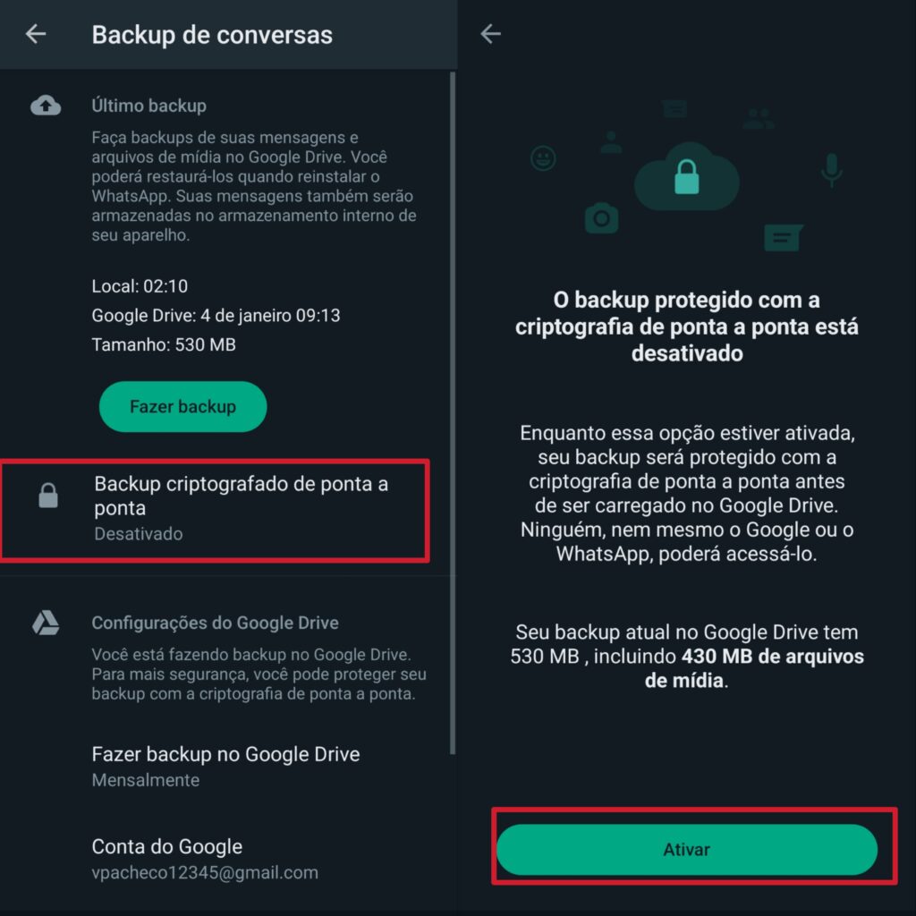 Ativação de backup criptografado no whatsapp