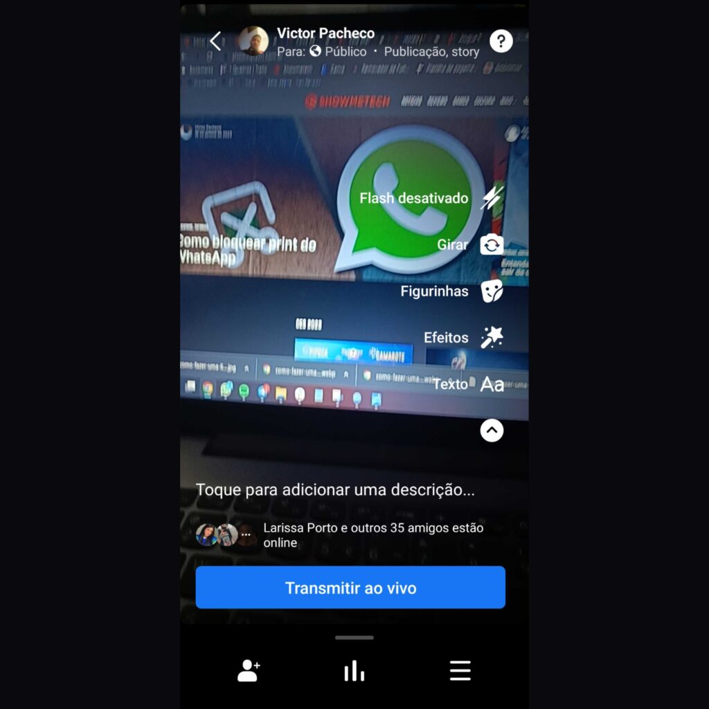 Captura de tela sobre como fazer transmissão ao vivo no facebook