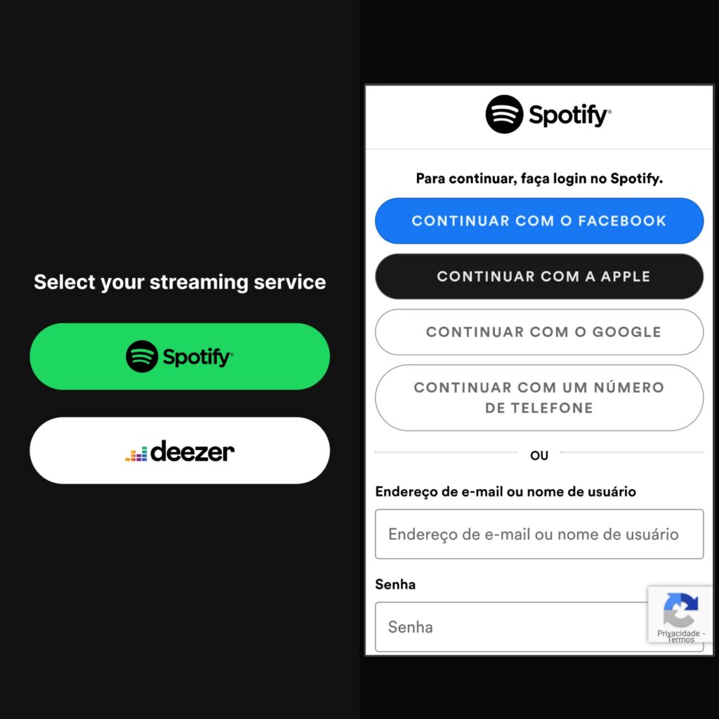 Tela de conexão com serviços de streaming de música do app kiwi