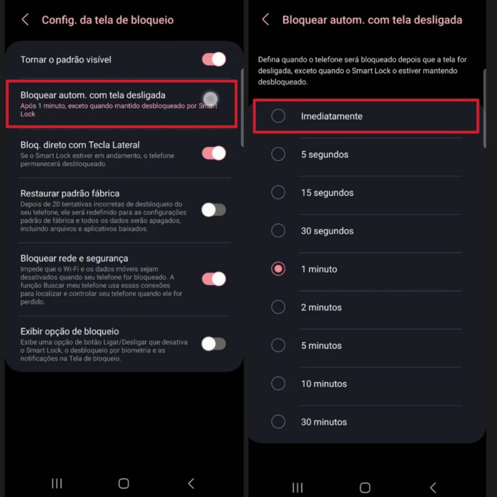 Alteração de tempo para bloqueio imediato da tela em um smartphone samsung