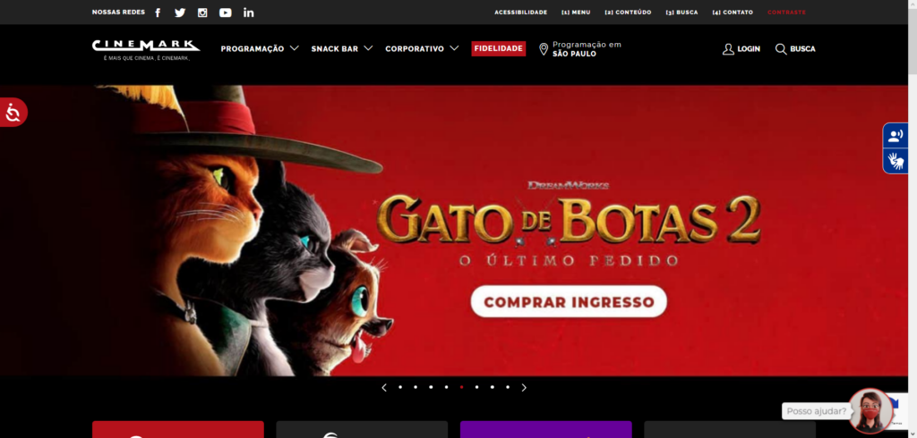 Tela inicial do site do cinemark