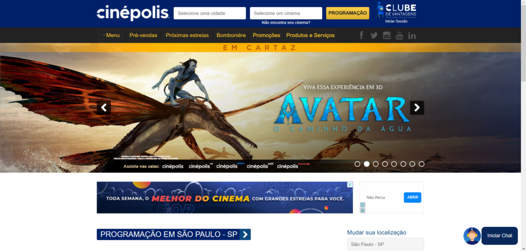 Tela incial do cinépolis, com destaque para avatar 2