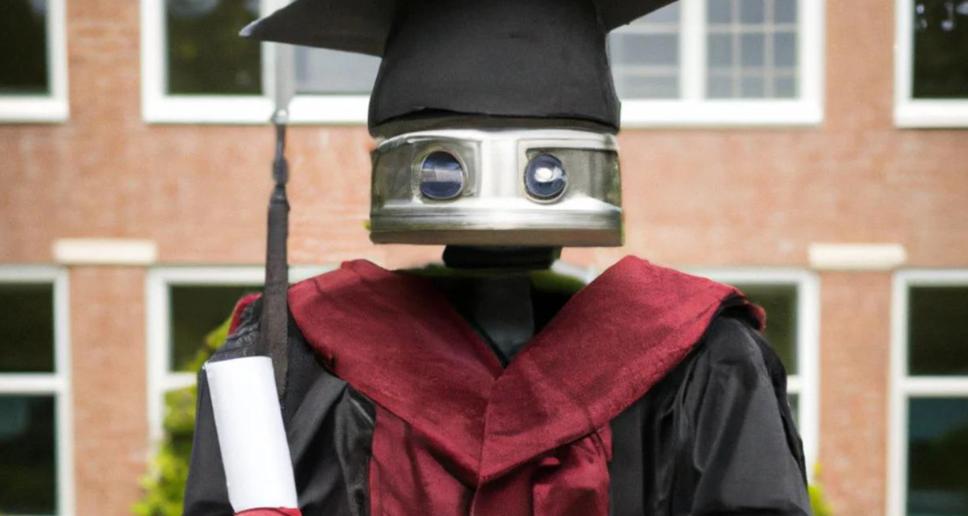 Foto de um robô formado na universidade, com capelo e beca