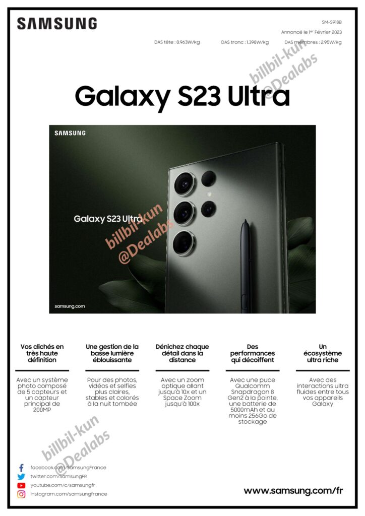 Tabela da especificações do galaxy s23 ultra