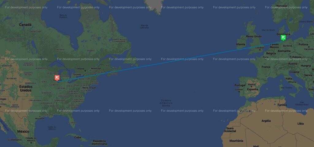 Exemplo da distância em uma viagem entre chicago e hamburgo. São cerca de 6. 840 quilômetros que atualmente chegam a ser percorridos a mais ou menos 13 horas. Imagem: prokerala