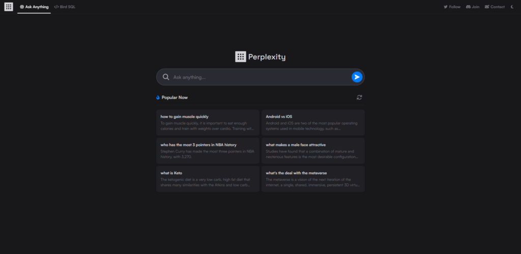 Interface da perplexity ai