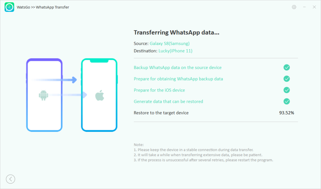 Tela final de transferir o whatsapp com o itoolab watsgo