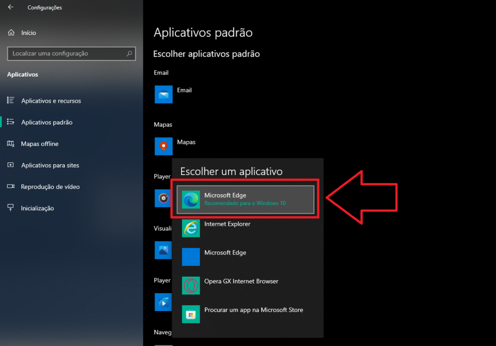 Definir o microsoft edge como navegador padrão