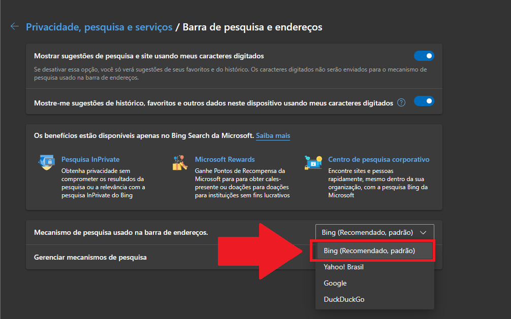 Selecione bing como mecanismo de pesquisa padrão do seu navegador