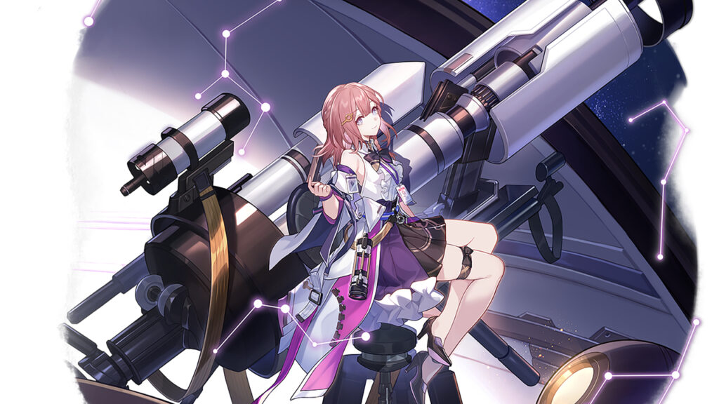 Asta, personagem presente no jogo "honkai: star rail". Ela possui cabelos cor de rosa e usa um vestido de tonalidades diferentes de roxo.