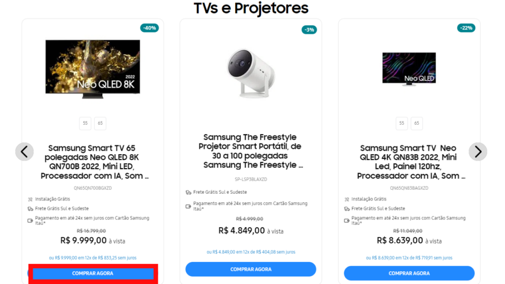 Página de tvs e projetores de produtos do samsung ecotroca