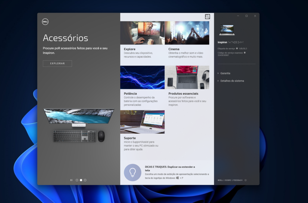Captura de tela do my dell, programa da dell que permite gerenciar o inspiron 14