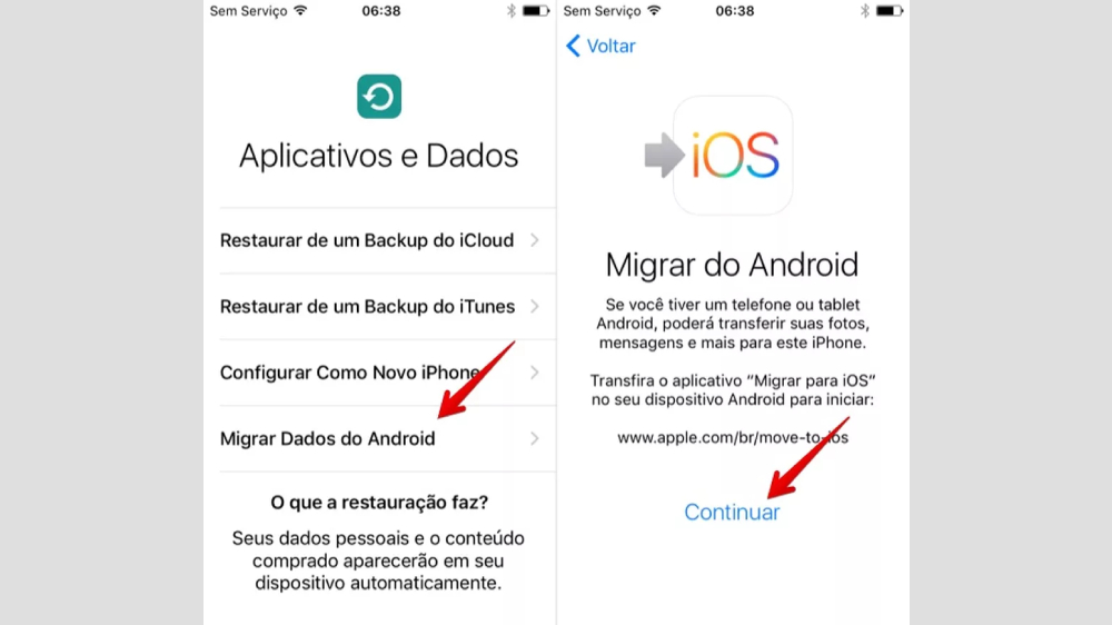 Mensagens e dados sendo transferidos pelo migrar para ios.