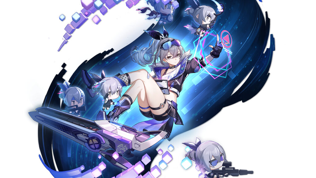 Silver wolf, personagem presente em "honkai: star rail". Ela é uma hacker que possui vestimenta roxa e azul, e cabelos cinza.