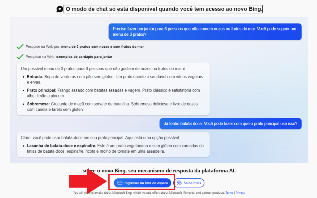 Entre na lista de espera para começar usar o modo de chat