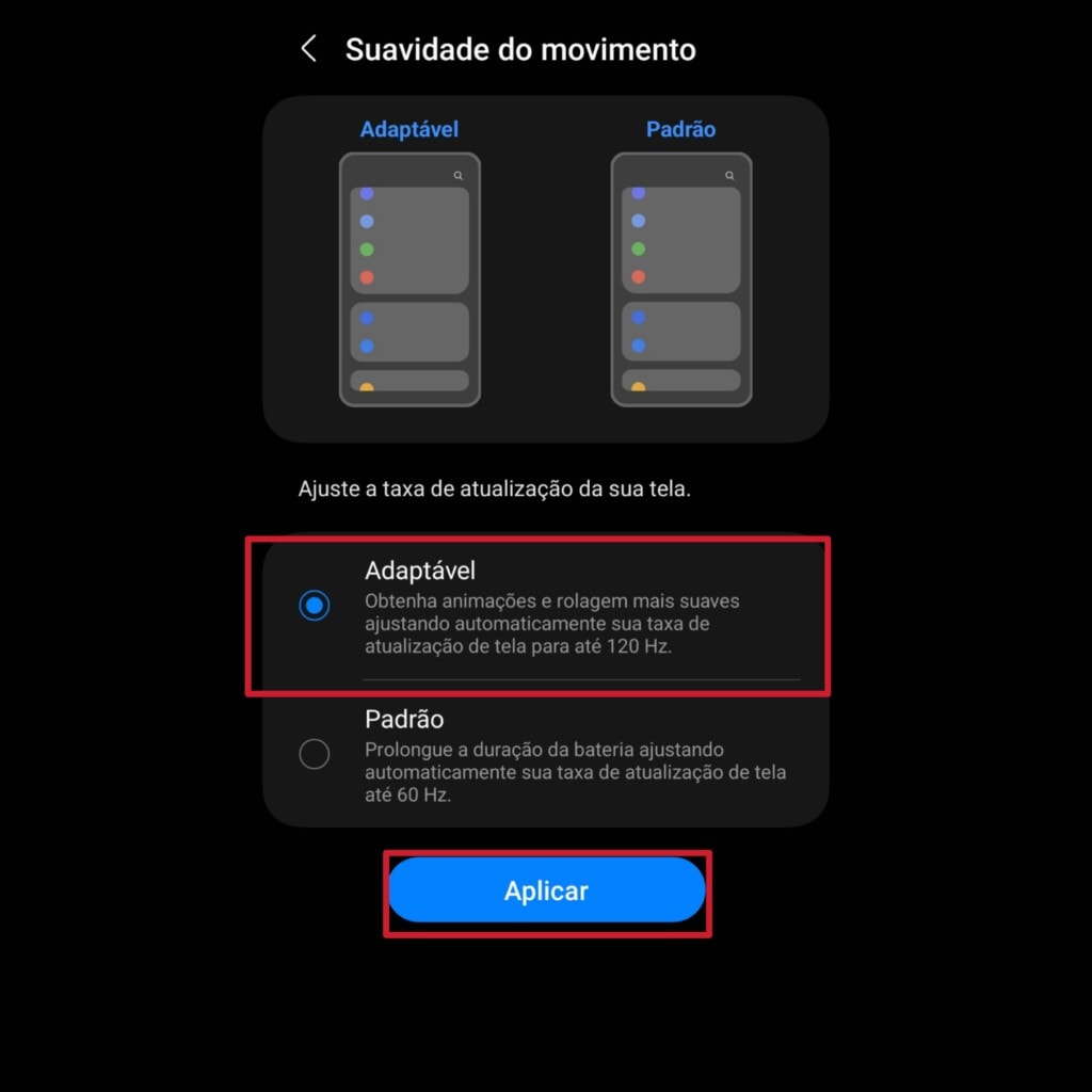 Mudança de taxa de atualização do galaxy s23 ultra