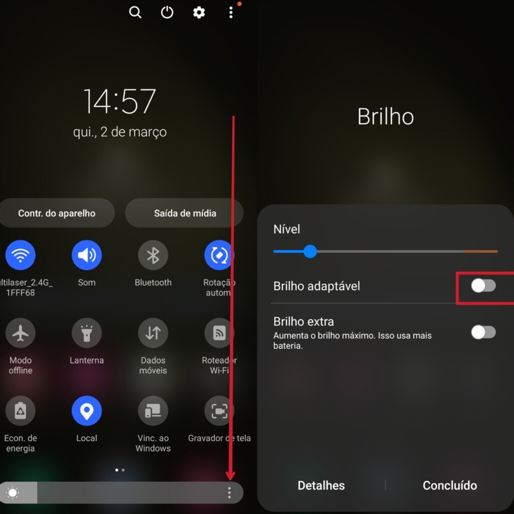 Ativação do brilho adaptável no galaxy s23 ultra